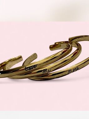 Victoria's Secret Gold Tone 'Love Me More' Engraved Cuff Bracelet Set